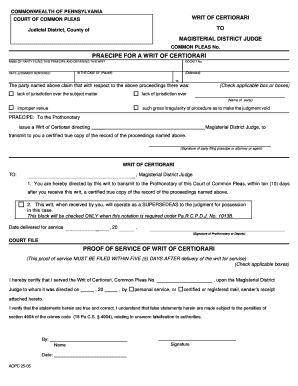 Praecipe for Writ of Certiorari Montgomery County, PA  Form