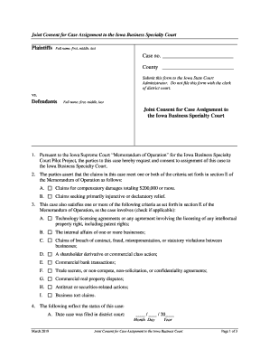 Joint Consent for Case Assignment to the Iowa Business Specialty Court  Form