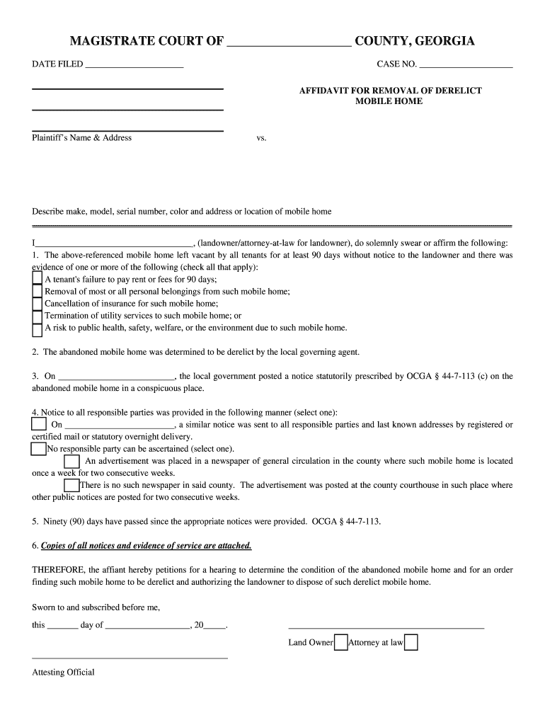 Mobile Home Abandonment Act Walker County, GA Official  Form