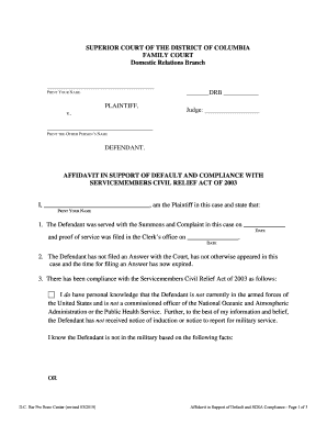 Fill and Sign the Affidavit in Support of Default and Scra Compliance Form