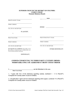 Answer Consenting to Third Party Custody Order Irrevocable  Form