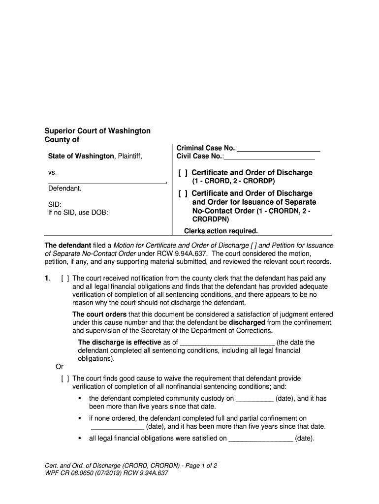 Petition for Certificate and Order of Discharge CR 08  Form