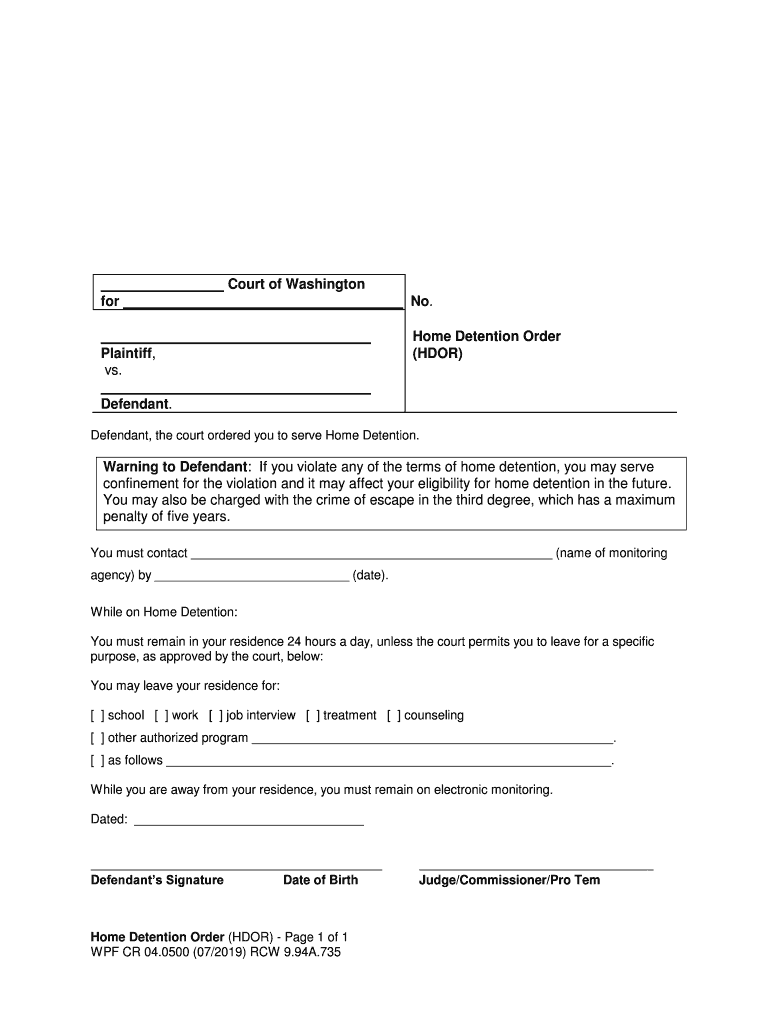 Home Detention Order  Form