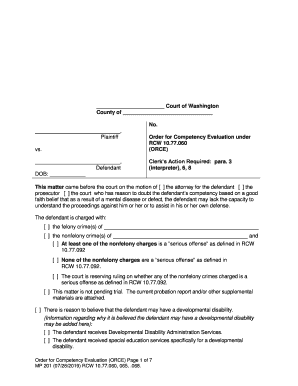 Court of Washington No Plaintiff Order for Competency  Form