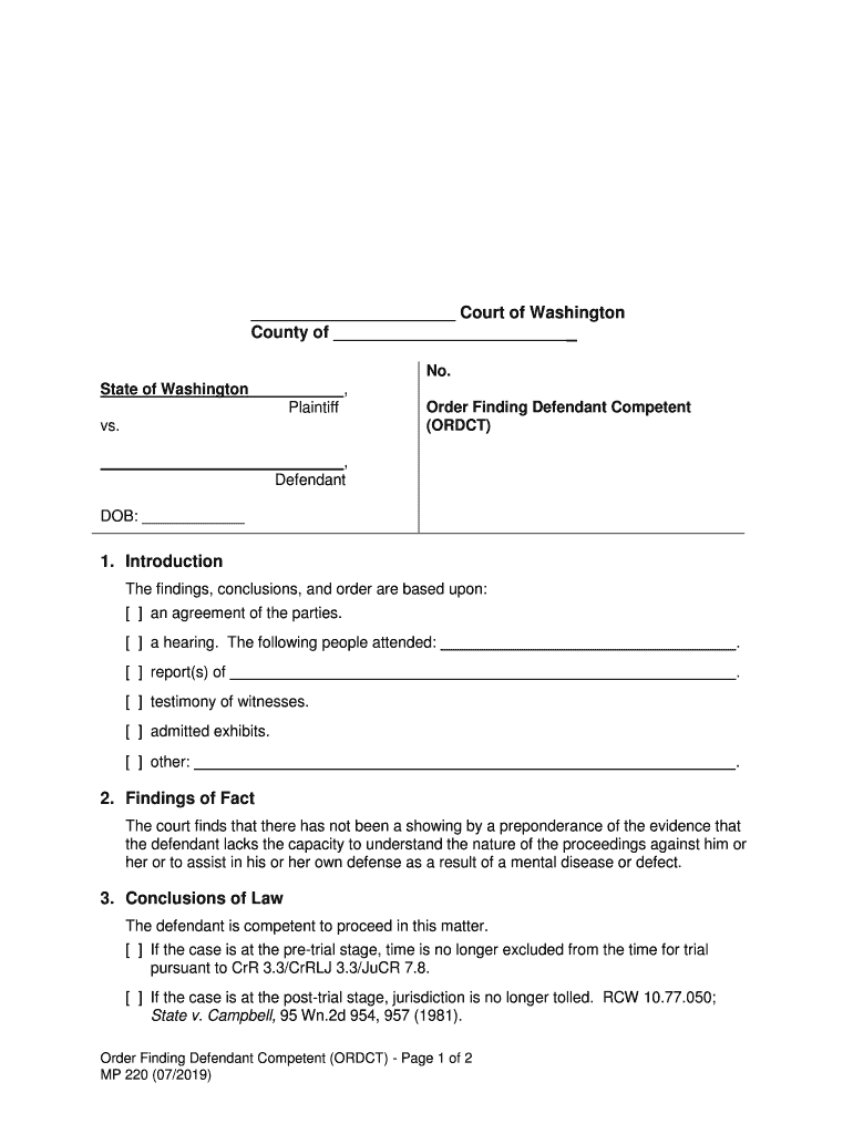 Order Finding Defendant Competent  Form