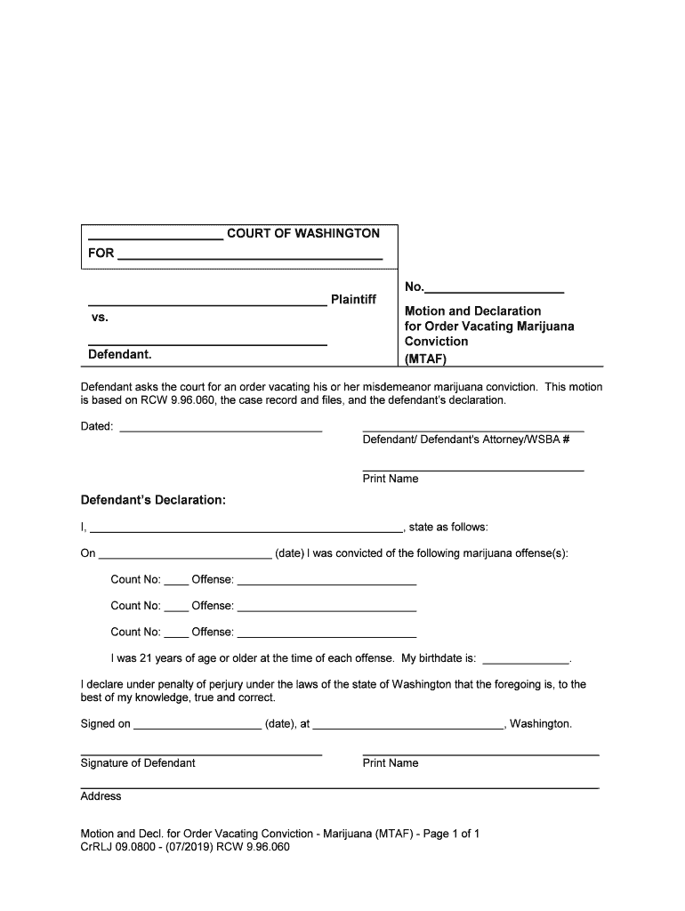 CrRLJ 090800 Motion Dec to Vacate Convictionmarijuana2019 07 DOC  Form