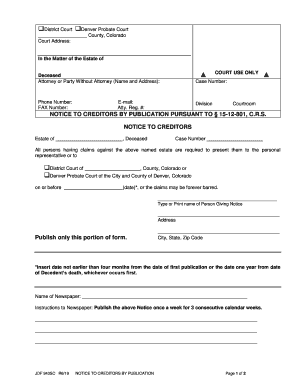 NOTICE to CREDITORS by PUBLICATION PURSUANT to 15 12  Form