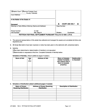 PETITION for FINAL SETTLEMENT PURSUANT to 15 12 1001, C  Form