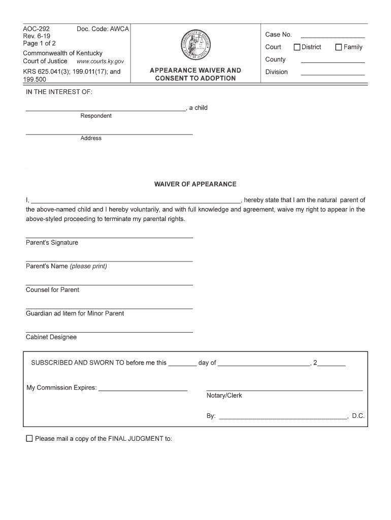  Kentucky Adoption Form 2019-2024