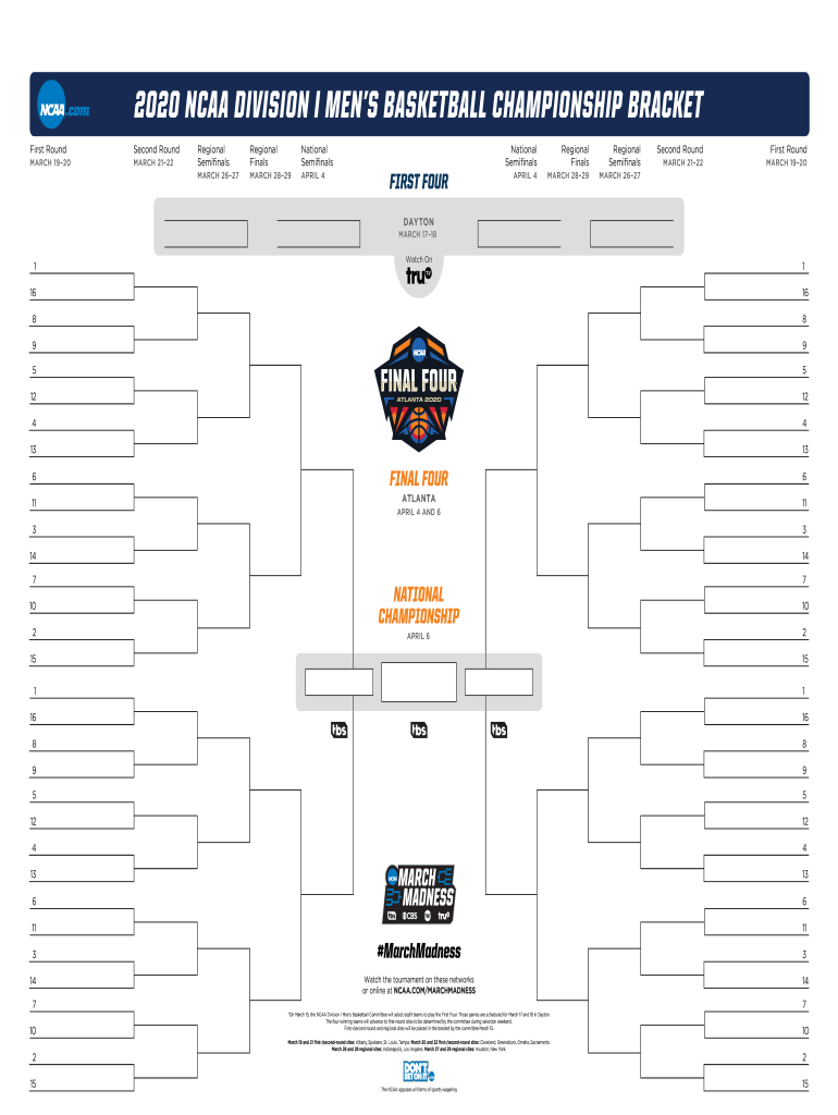 Get and Sign DI Men's Basketball Official Printable Bracket NCAA March Madness First Four Mens Division 1 Basketball Printable Brackets 2020-2022 Form