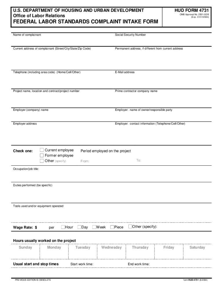 FEDERAL LABOR STANDARDS COMPLAINT INTAKE FORM