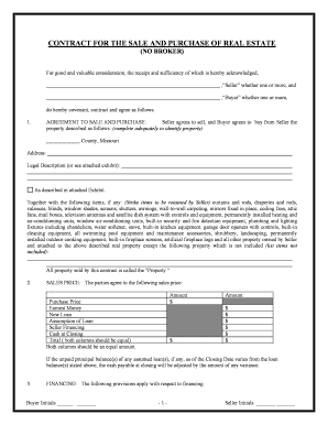 Missouri Contract for Sale and Purchase of Real Estate with No Broker for Residential Home Sale Agreement  Form