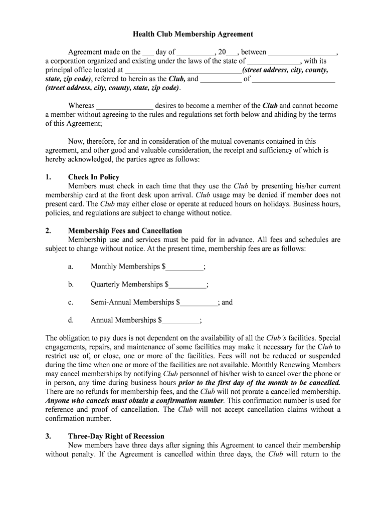 Club Agreement Template  Form