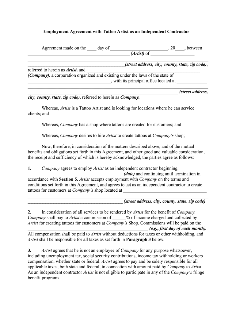 Tattoo Artist Contract  Form
