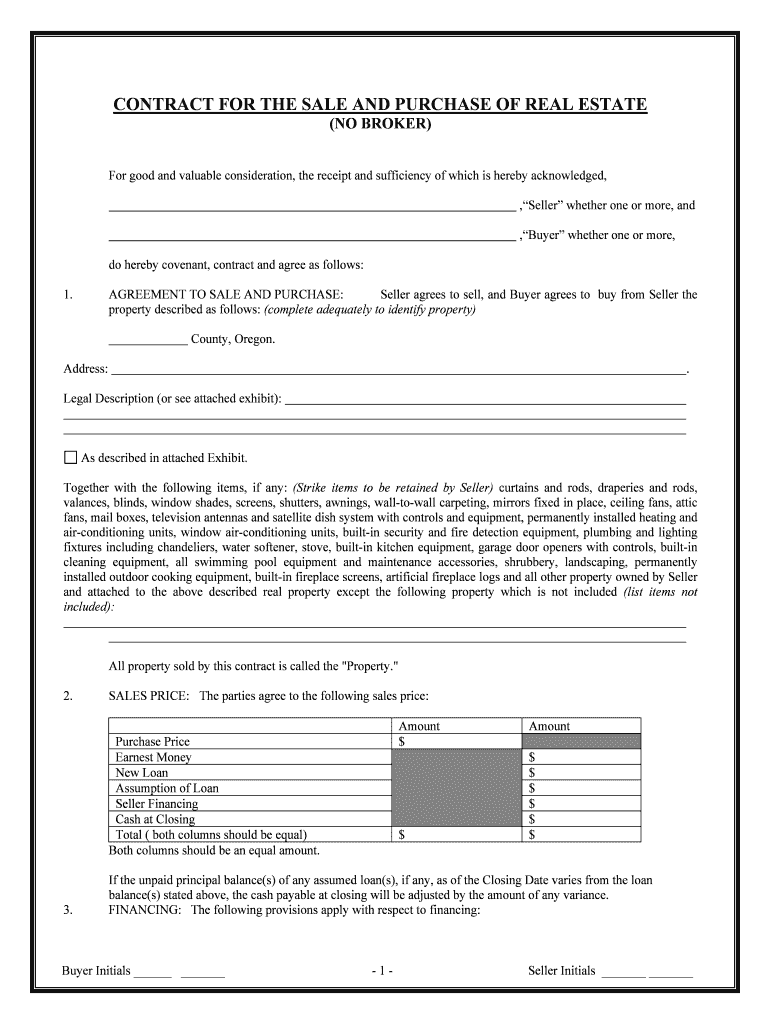 Oregon Contract for Sale and Purchase of Real Estate with No Broker for Residential Home Sale Agreement  Form