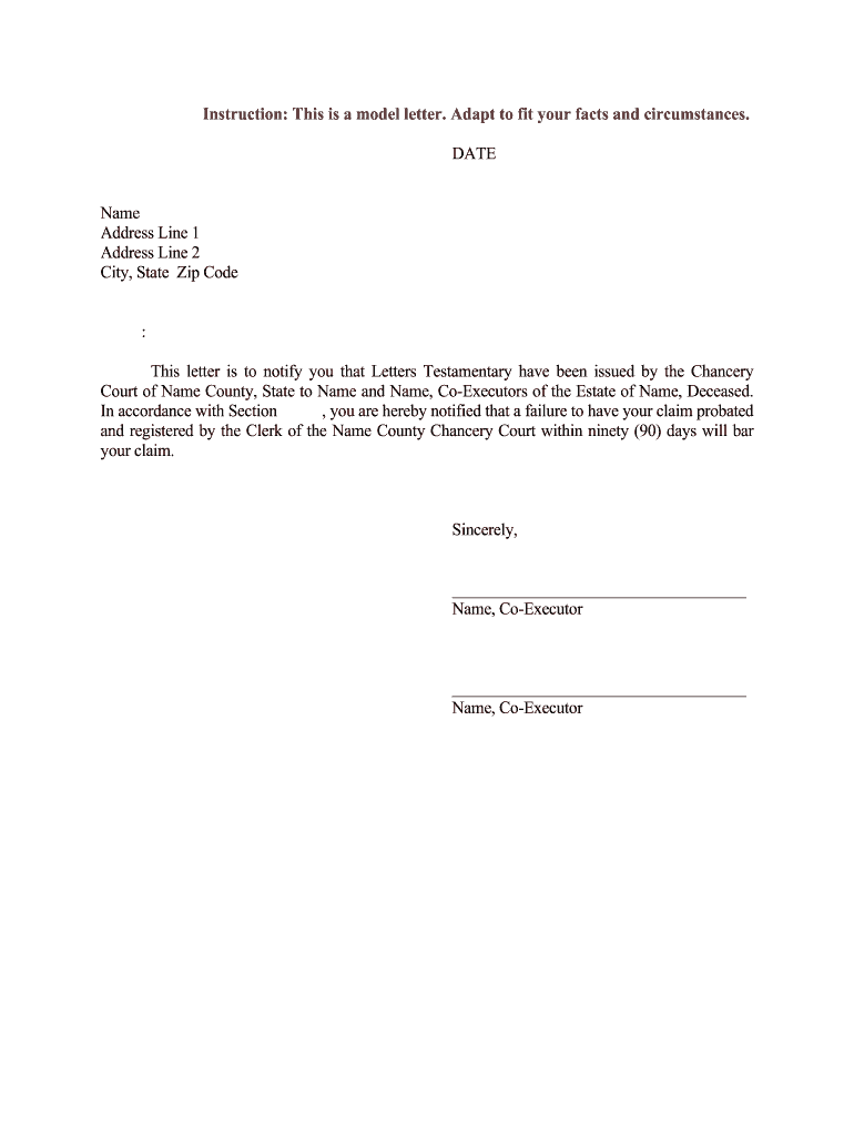 This Letter is to Notify You that Letters Testamentary Have Been Issued by the Chancery  Form