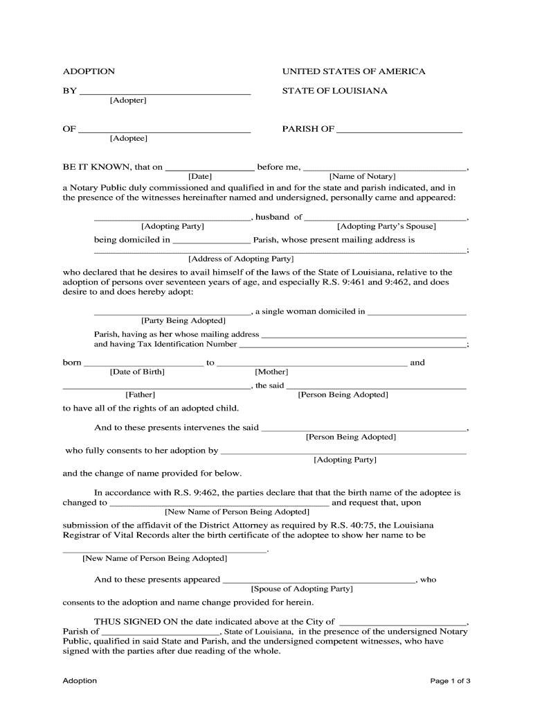 Louisiana Adoption by Adopter of Adoptee  Form