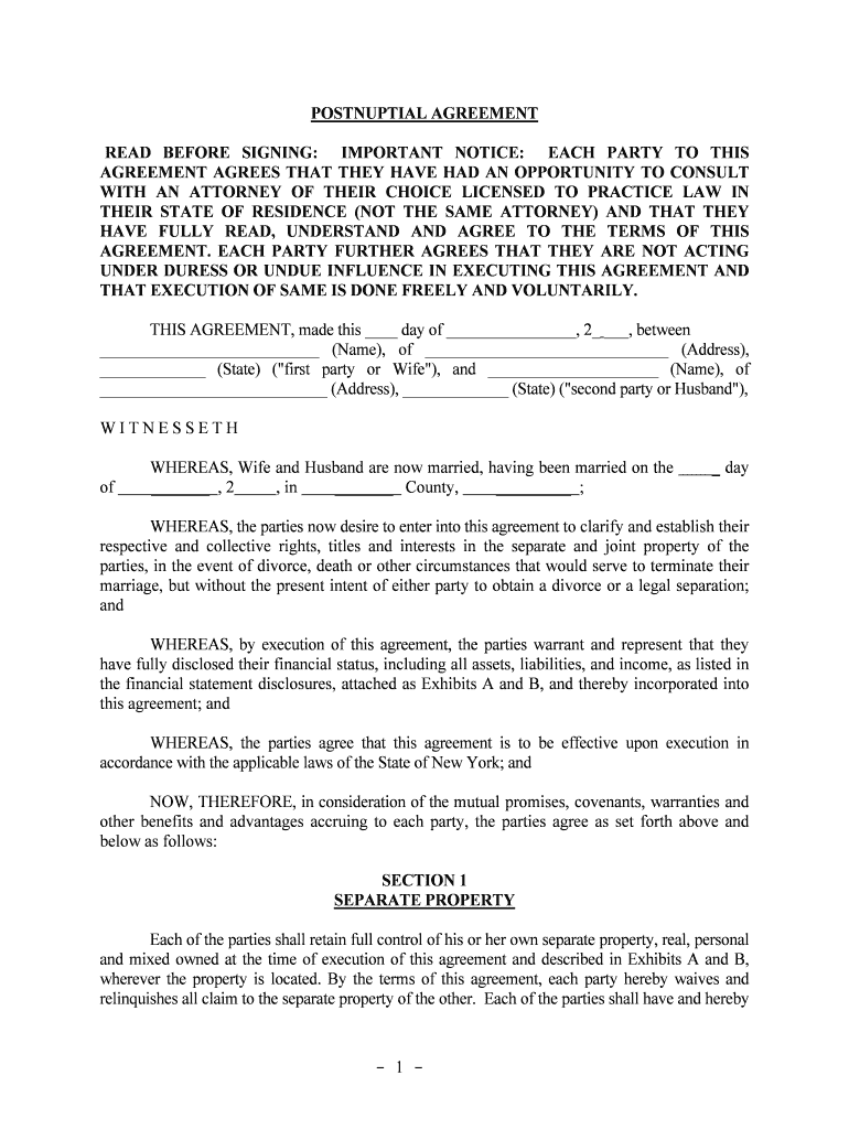 Postnuptial Agreement Form