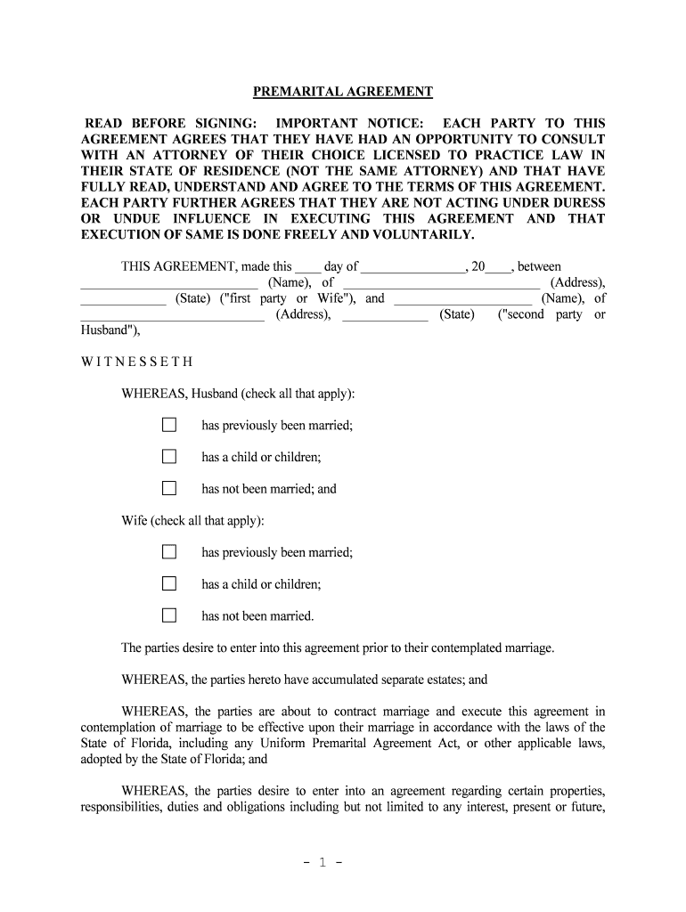 Florida Premarital Agreement  Form