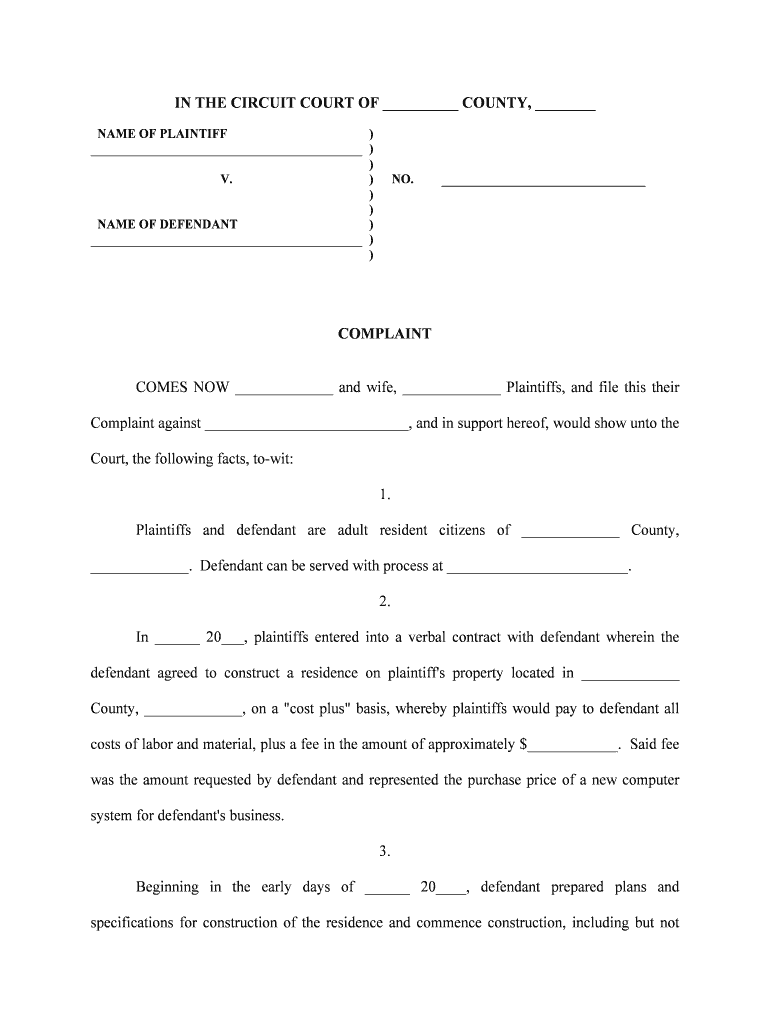 Complaint Breach Contract  Form