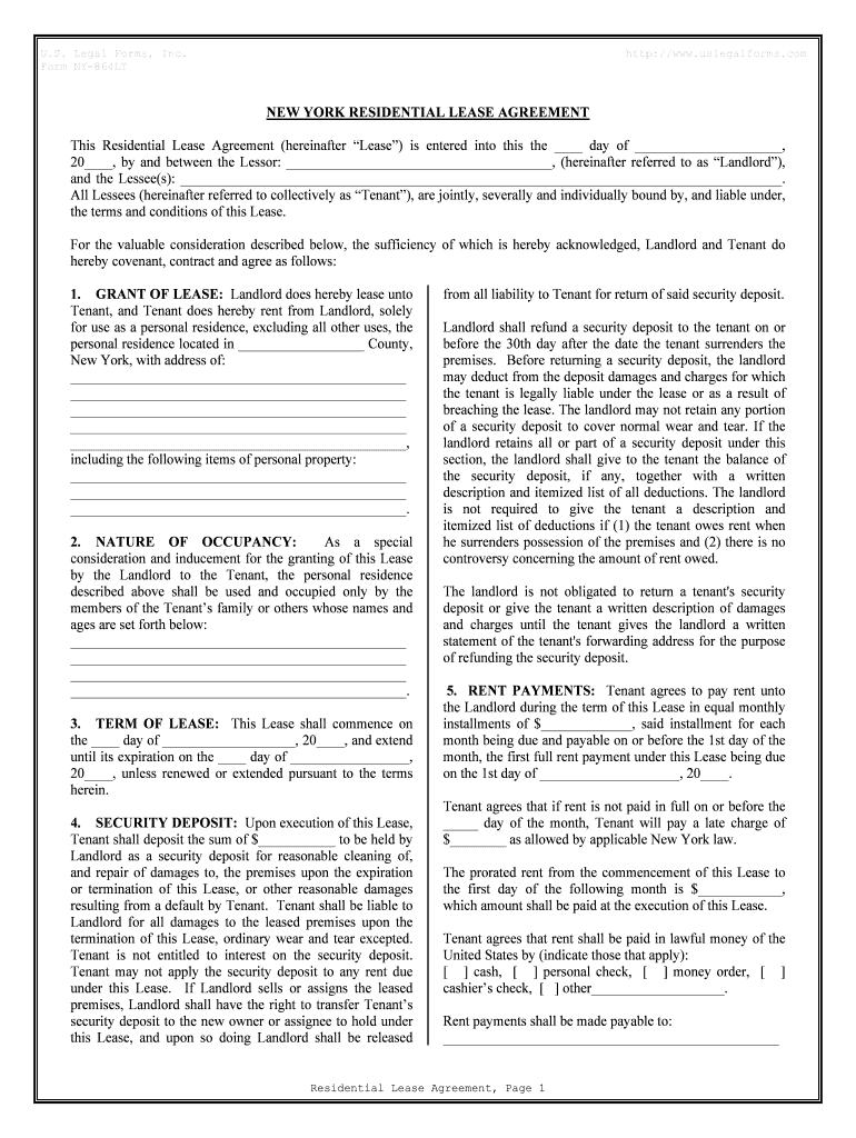 Fill and Sign the New York Residential Rental Lease Agreement Form