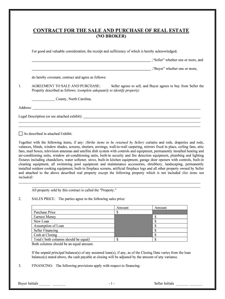 North Carolina Contract for Sale and Purchase of Real Estate with No Broker for Residential Home Sale Agreement  Form