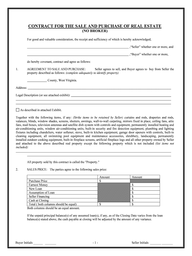 Fill and Sign the West Virginia Contract for Sale and Purchase of Real Estate with No Broker for Residential Home Sale Agreement Form