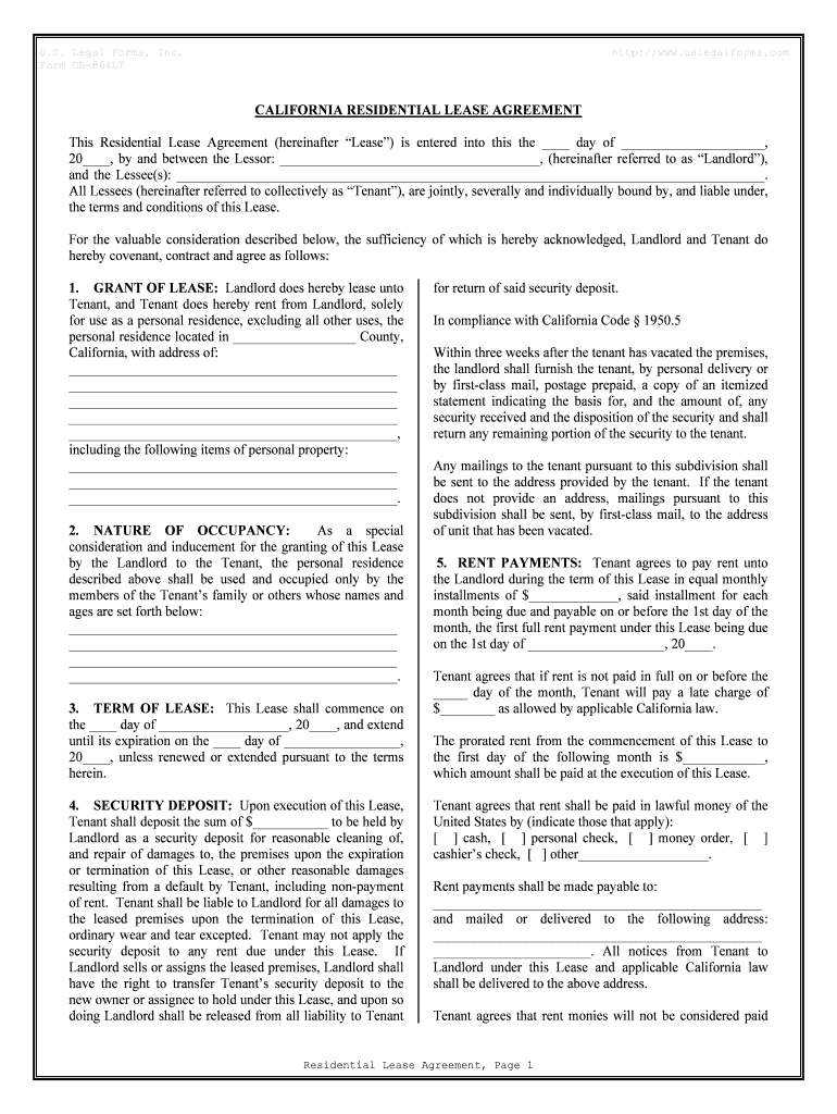 California Residential Rental Lease Agreement  Form