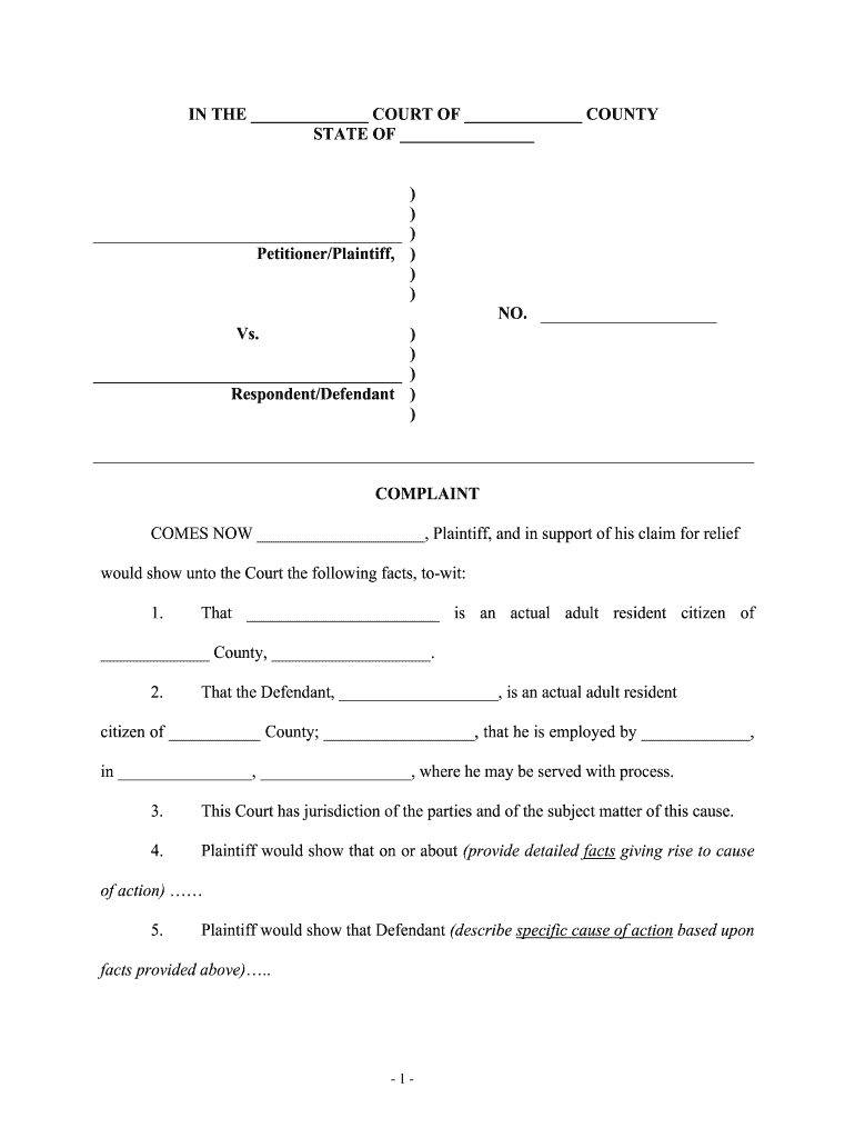 Fill and Sign the Comes Now Plaintiff and in Support of His Claim for Relief Form