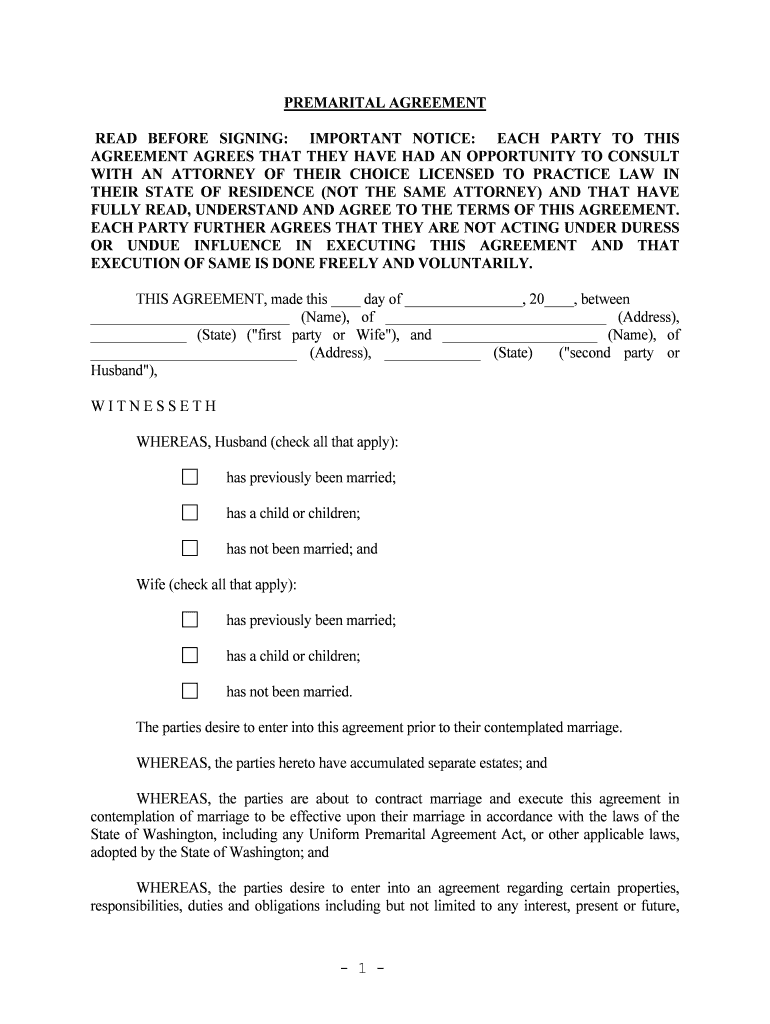 Washington Washington Prenuptial Premarital Agreement with Financial Statements  Form