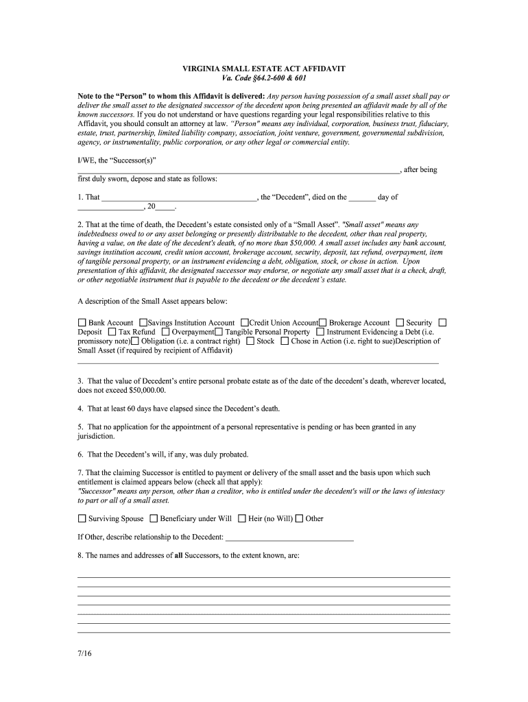 Virginia Small Estate Act Affidavit  Edit, Fill, Sign  Form