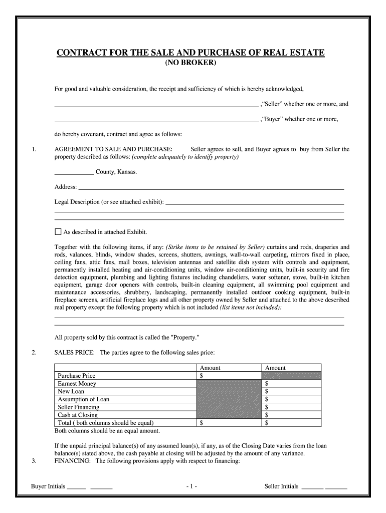 Fill and Sign the Kansas Contract for Sale and Purchase of Real Estate with No Broker for Residential Home Sale Agreement Form