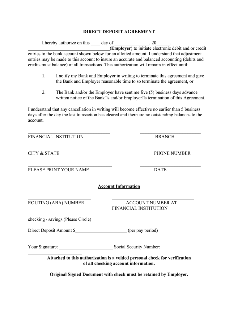 Direct Deposit Form Automatic Debit and Credit Agreement