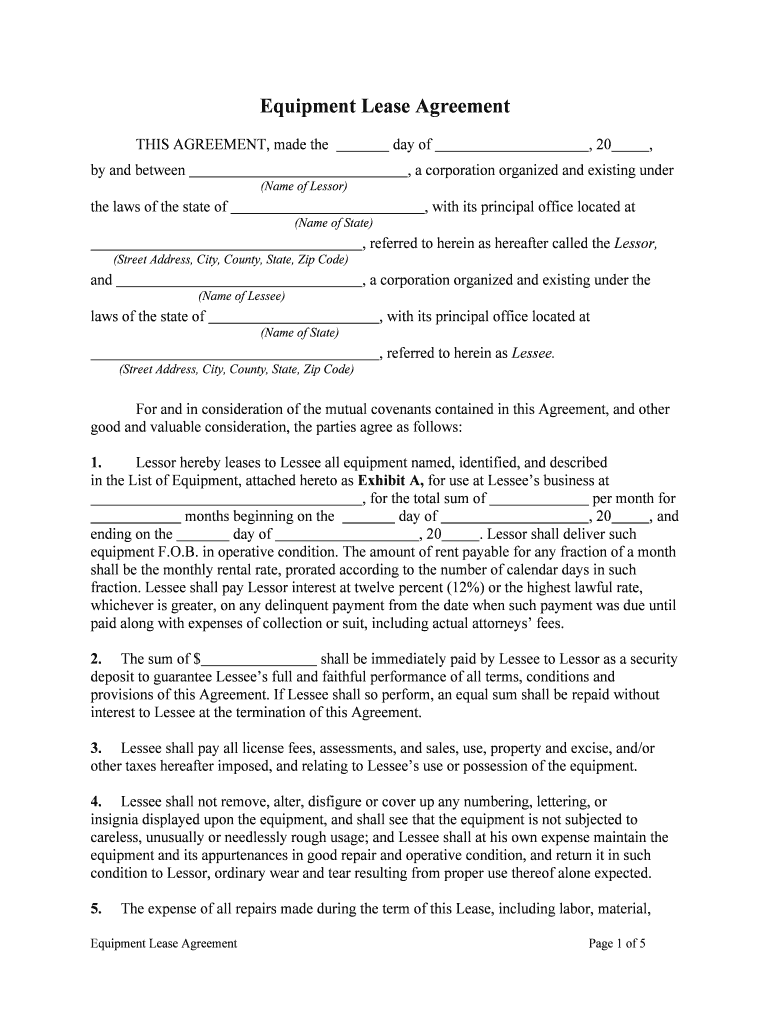 Blank Equipment Rental Agreement  Form