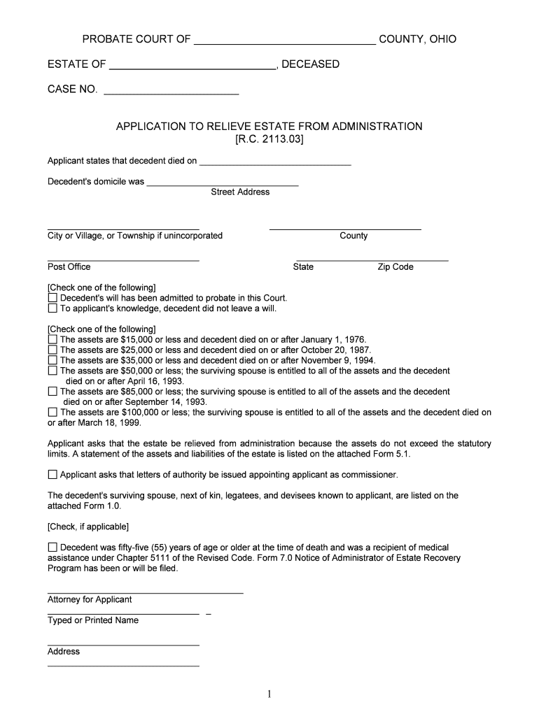 Small Estate Affidavit Ohio  Form