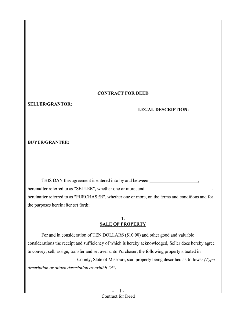 Missouri Agreement or Contract for Deed for Sale and Purchase of Real Estate a K a Land or Executory Contract  Form