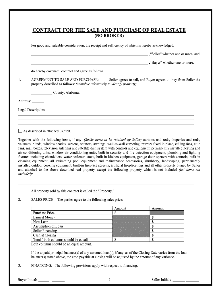 Alabama Contract for Sale and Purchase of Real Estate with No Broker for Residential Home Sale Agreement  Form