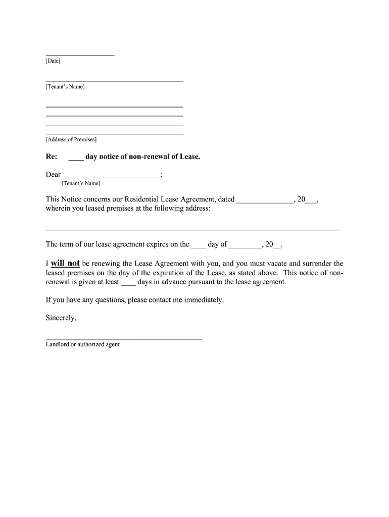 Landlord's Notice of Non Renewal of Lease to Tenants with  Form