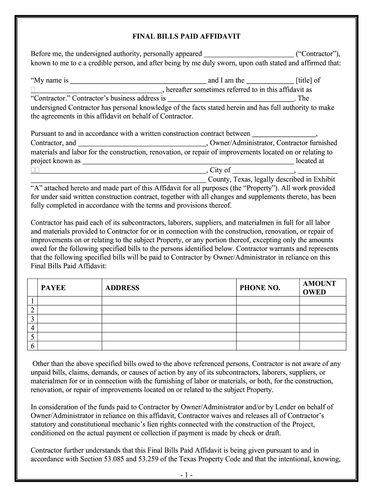 Form 16  Final Bills Paid Affidavit by Contractor