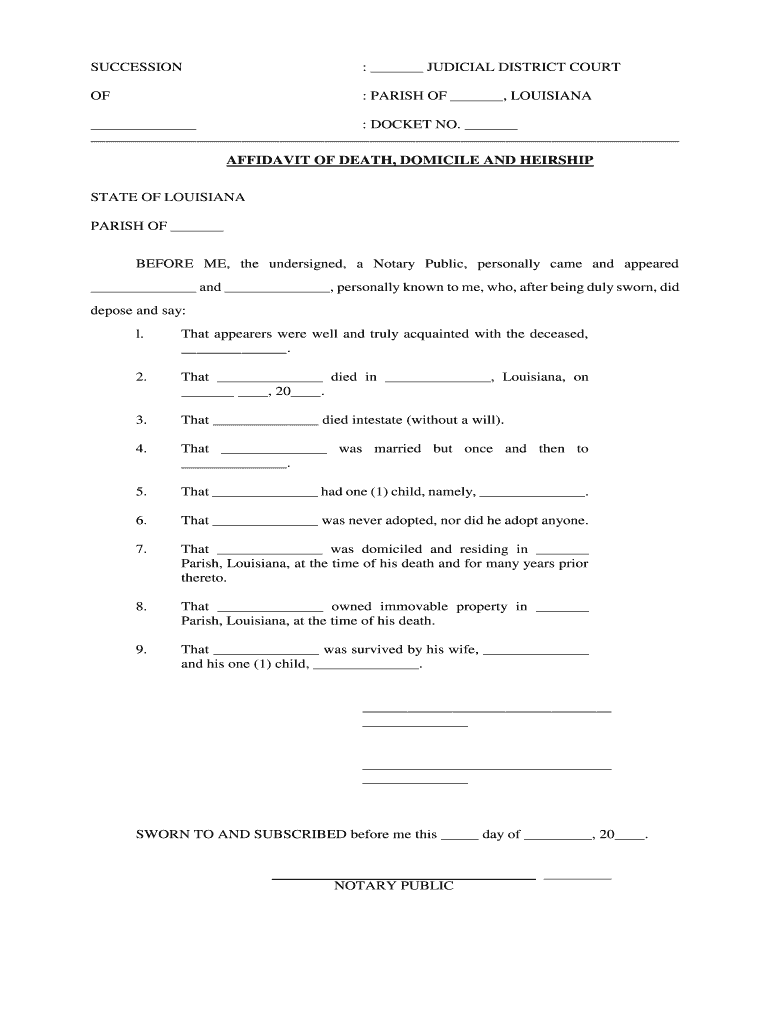 Louisiana Affidavit of Death and Heirship  Form