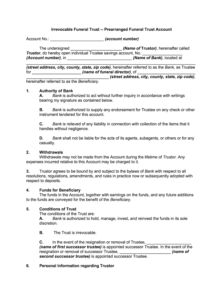 Form CPN 8 Irrevocable Funeral Trust Agreement for State