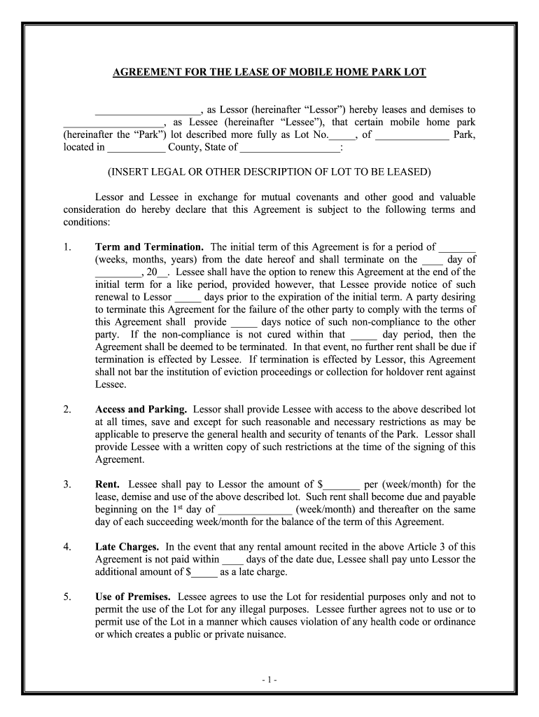 Mobile Home Lot Lease Agreement Valid in Your State  Form