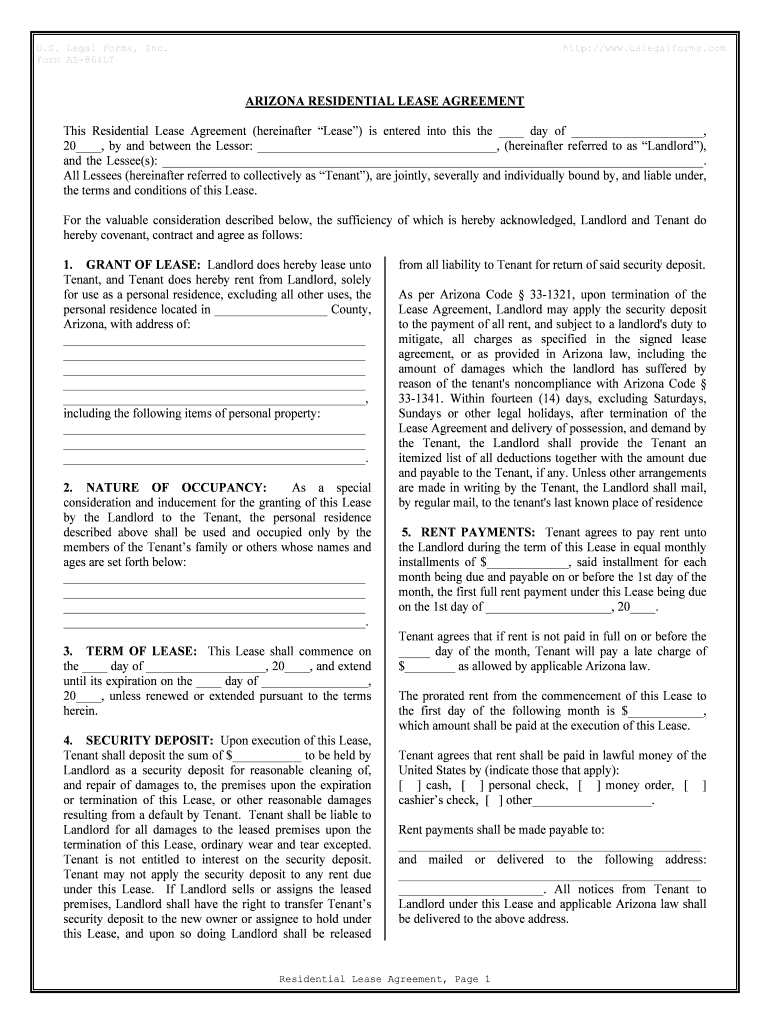 Arizona Residential Rental Lease Agreement  Form