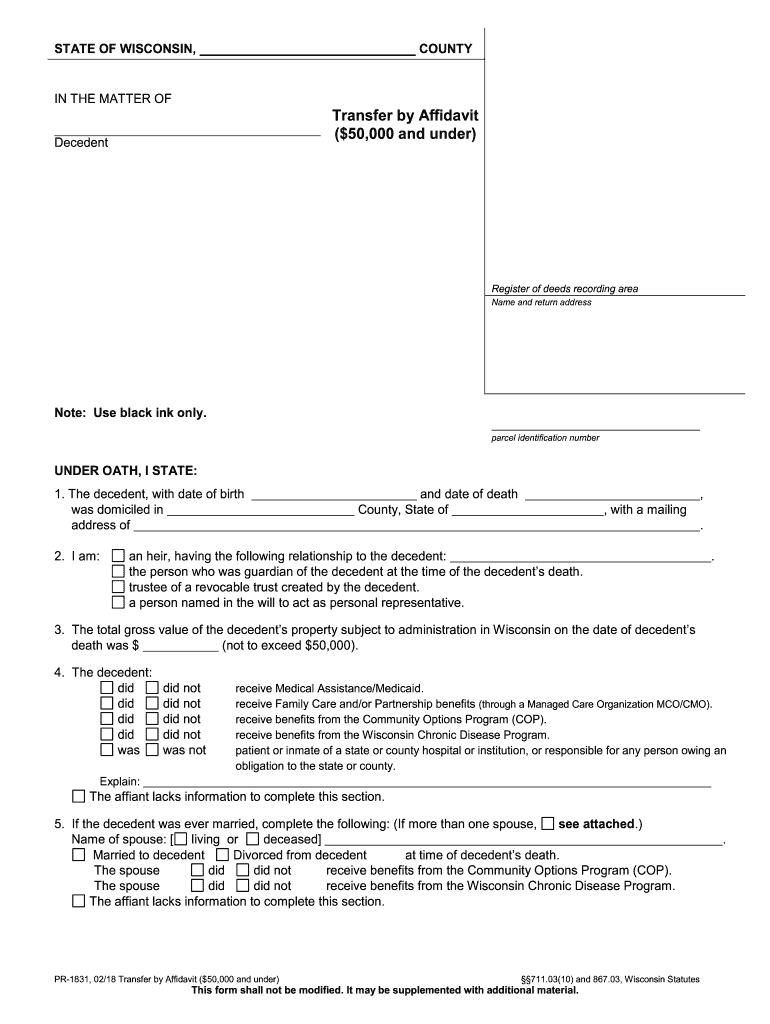 Fill and Sign the In the Matter of Transfer by Affidavit 50000 and under Form