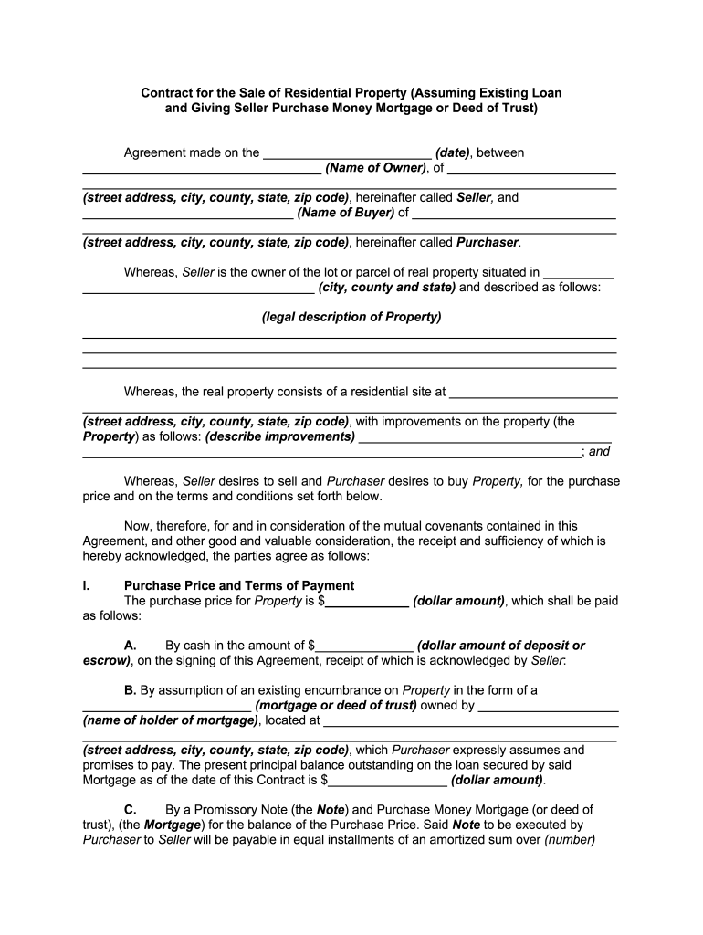 Contract for the Sale of Residential Property Assuming Existing Loanand Giving Seller Purchase Money Mortgage or Deed of Trust  Form