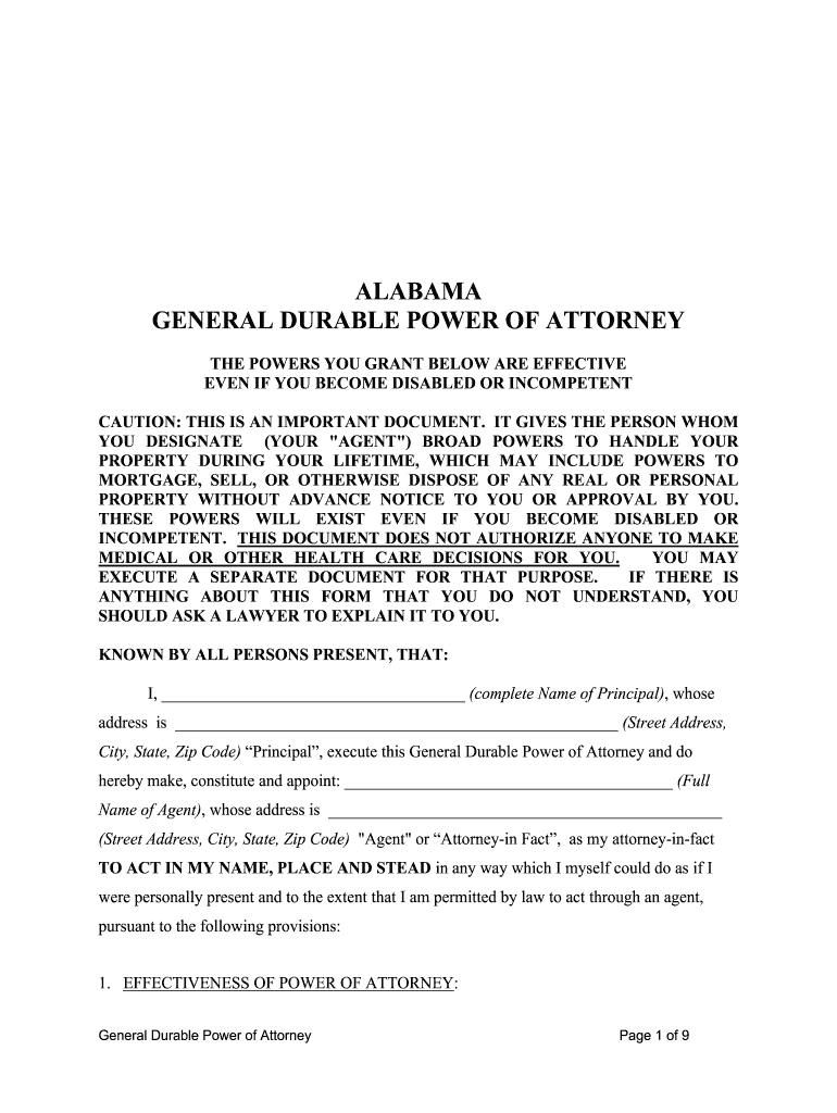 Alabama General Durable Power of Attorney for Property  Form
