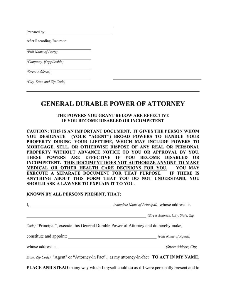 Colorado General Durable Power of Attorney for Property and Finances or Financial Effective Upon Disability  Form