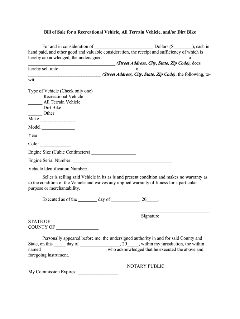 Generic Motorcycle Bill of Sale Form  Fill Out and Sign