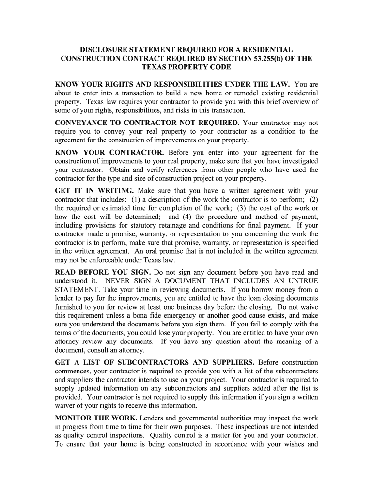 Fill and Sign the Disclosure Statement Required for a Residential Construction Contract Required by Section 53 Form