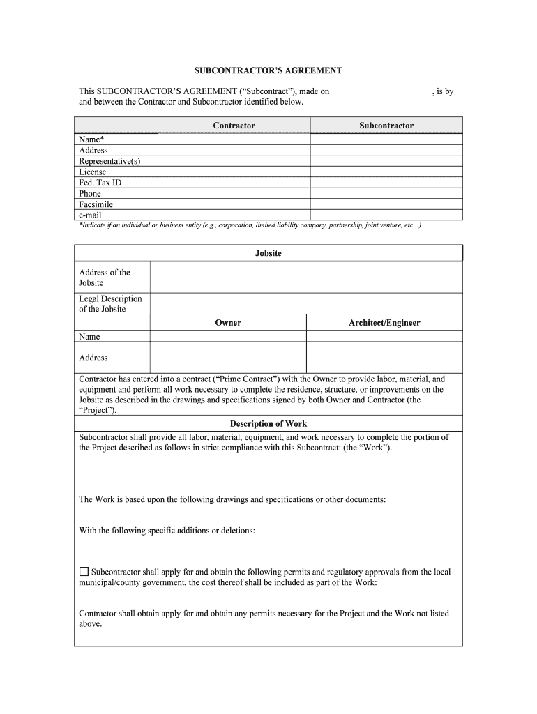 Texas Subcontractors Agreement  Form